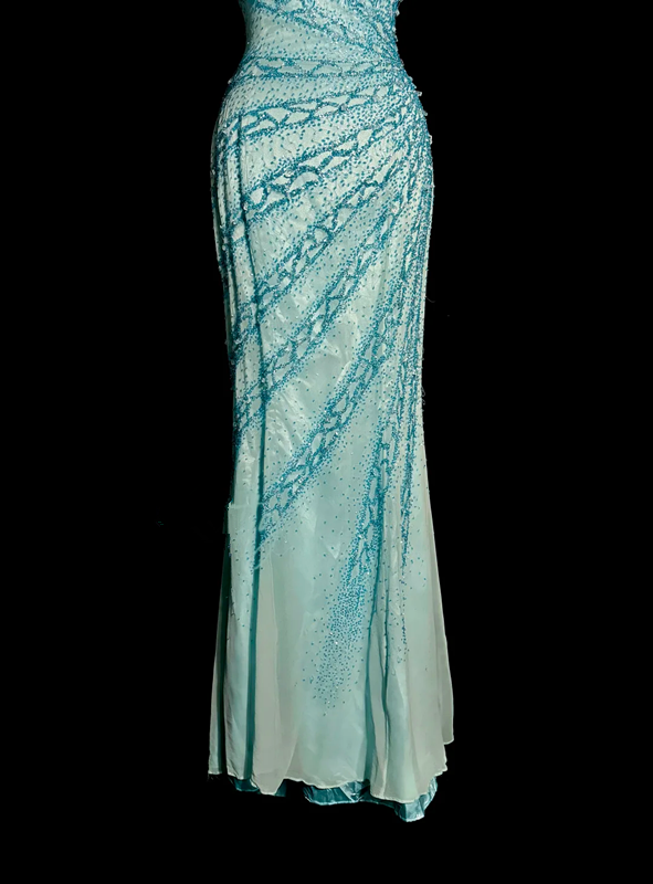 Light blue strapless beaded fitted long ball gown R6662