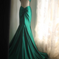 Green satin halter-neck, cinched waist, backless, sexy bodycon long ball gown R6742