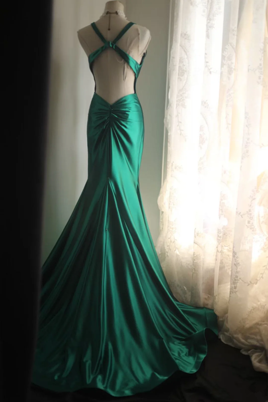 Green satin halter-neck, cinched waist, backless, sexy bodycon long ball gown R6742