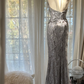 Silver halter neck, fitted waist, bodycon, sexy, high-end long ball gown R7737