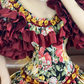Red Retro Floral-Patterned Waist-Cinched Fitted Tiered-Hem Ball Gown, Bridal Gown R7335