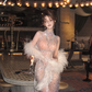 White rhinestone-embellished nude-colored fitted long ball gown R7061