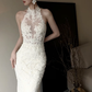 White halter neck lace waist slim elegant fishtail sexy long dress bridal gown R6063