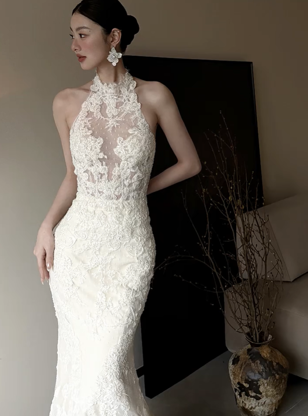 White halter neck lace waist slim elegant fishtail sexy long dress bridal gown R6063
