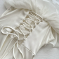 White off-the-shoulder ruffled maxi dress, fitted waist, ball gown R6223