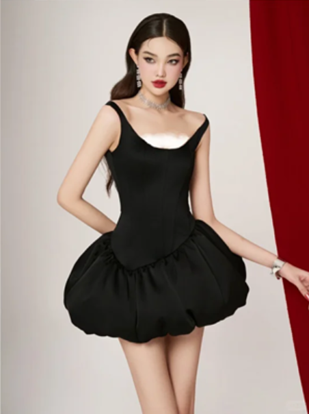 Black suspenders waist slim fit high-end flower bud satin skirt short skirt homecoming dress R4482