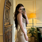 Light champagne-colored strapless fitted long ball gown, bridal dress R8594