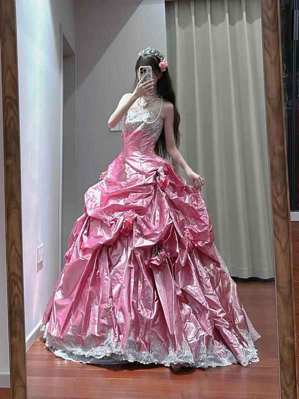 Pink strapless fitted waist slim-fitting ball gown/bridal dress R8625