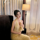 Apricot Halter Neck Waist-Cinched Fitted Floor-Length Elegant Prom Dress R7101