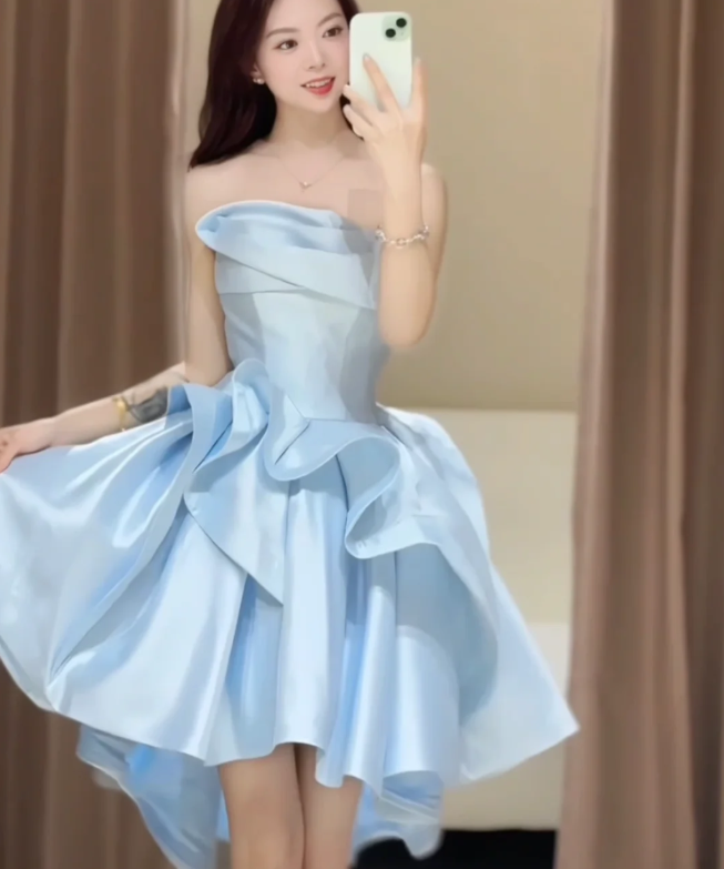 Light blue tube top with gentle waist and irregular skirt design short skirt for homecoming dress R4199