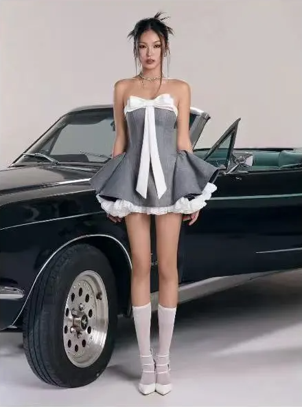 Gray tube top slim waist A-line cute princess skirt homecoming dress R4765