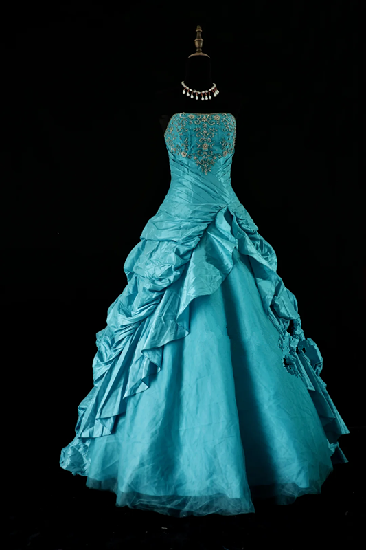 Blue-green strapless fitted waist slim-fit ball gown with a full skirt R8689