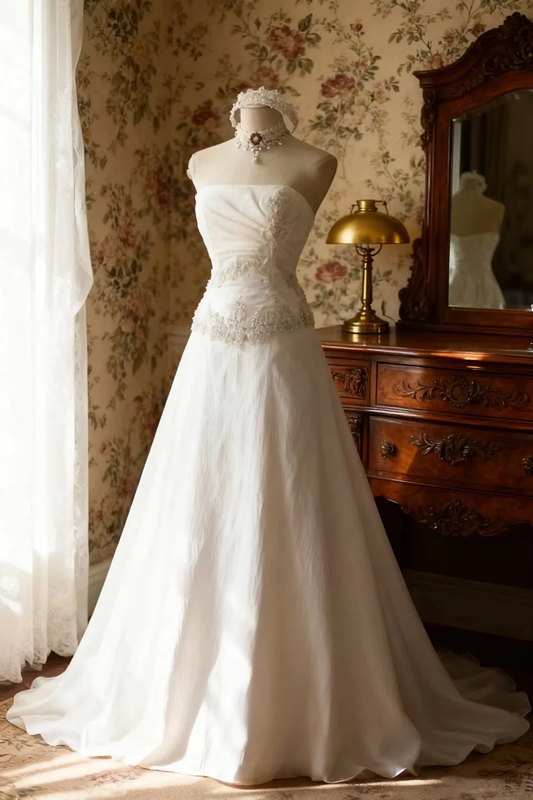 White strapless fitted waist long embroidered ball gown R6702