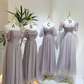 Light purple (or Lavender-gray) satin waist-cinched, slim-fit and figure-flattering ball gown, bridesmaid dress R5943
