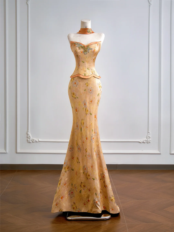 Gold strapless fitted top and hip-hugging sexy skirt set, long ball gown R8155