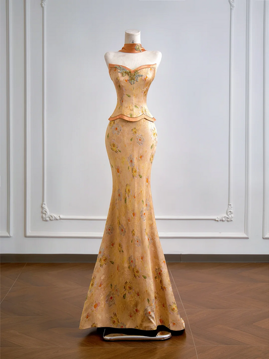 Gold strapless fitted top and hip-hugging sexy skirt set, long ball gown R8155