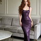 Purple halter-neck fitted bodycon long ball gown R9048