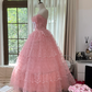 Pink strapless, fitted waist, puffy cake skirt, long ball gown R7768