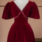 Red puff-sleeved V-neck fitted long ball gown/bridal dress R8497