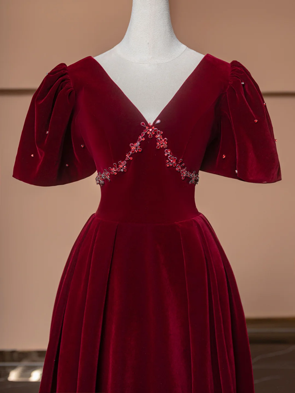 Red puff-sleeved V-neck fitted long ball gown/bridal dress R8497