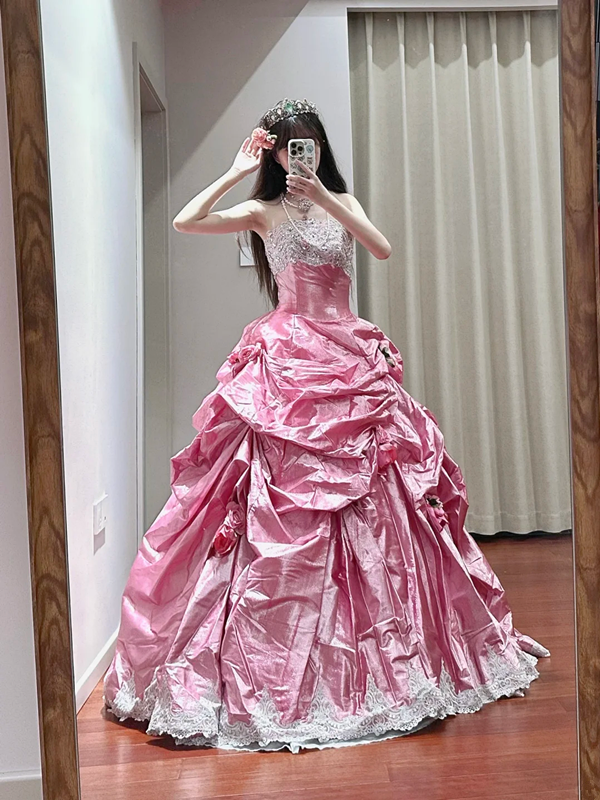 Pink strapless fitted waist slim-fitting ball gown/bridal dress R8625
