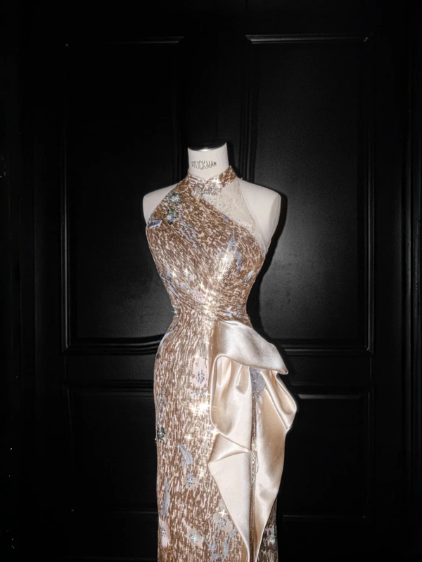 Gold sequined sleeveless slim waist hip-hugging sexy long skirt, prom dress R5667