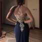 Navy blue halter neck, fitted waist, bodycon mermaid long ball gown R7888