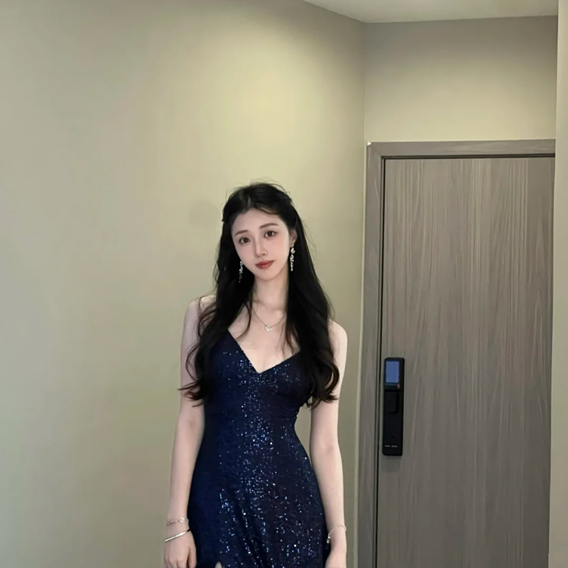 Navy blue suspender waist slim fit sexy sequined slit long skirt prom dress R6103
