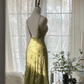 Light green halter-neck fitted midi ball gown with an asymmetrical hem R7697