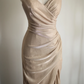 Champagne-colored halter-neck, fitted waist, and pleated sexy ball gown R6821