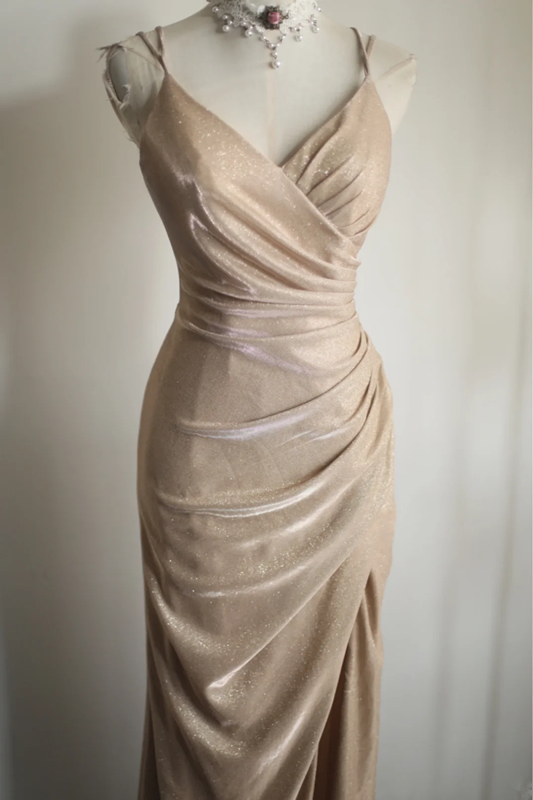 Champagne-colored halter-neck, fitted waist, and pleated sexy ball gown R6821