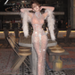 White rhinestone-embellished nude-colored fitted long ball gown R7061