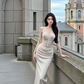 Champagne-colored halter-neck fitted bodycon long ball gown R7541