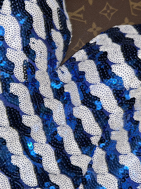 Blue and white striped sequined halter neck sexy short ball gown R6981