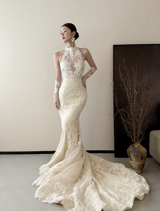White halter neck lace waist slim elegant fishtail sexy long dress bridal gown R6063