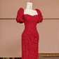 Red square neckline, fitted waist, slimming and sexy long ball gown R8407