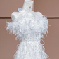 White strapless, fitted, sexy long ball gown with feather design; bridal gown R8320
