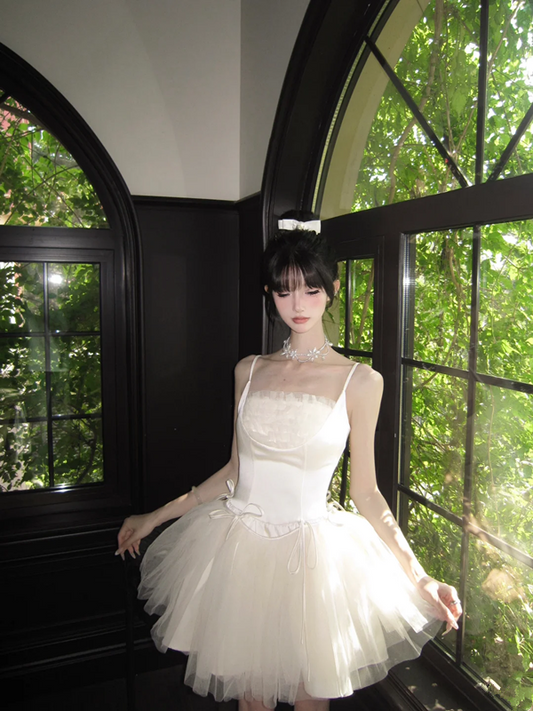 White suspender satin waist slim elegant tulle skirt homecoming dress R5089