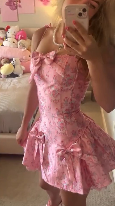 Pink Floral Spaghetti‑Strap Ruched Waist Bodycon Mini Homecoming Dress R5452