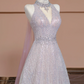Light pink V-neck fitted A-line skirt rhinestone long ball gown/bridal dress R8292