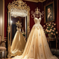 Apricot-colored halter-neck fitted waist slim beaded long elegant ball gown R7214