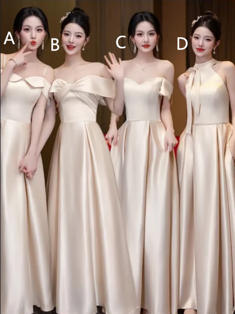 Champagne satin slim waist elegant ball gown, bridesmaid dress R6124