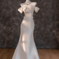 White satin one-shoulder slim waist hip fishtail long dress bridal gown R5788