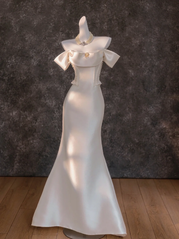 White satin one-shoulder slim waist hip fishtail long dress bridal gown R5788