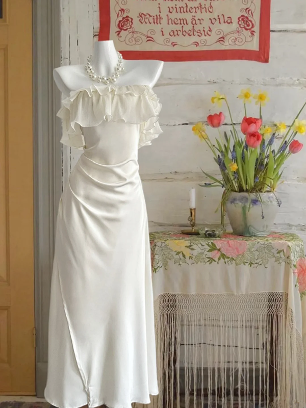 White off-the-shoulder ruffled maxi dress, fitted waist, ball gown R6223