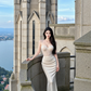 Champagne-colored halter-neck fitted bodycon long ball gown R7541