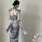 Gray sleeveless Chinese‑collar waist‑cinched slim‑fit bodycon elegant slit prom gown R8007