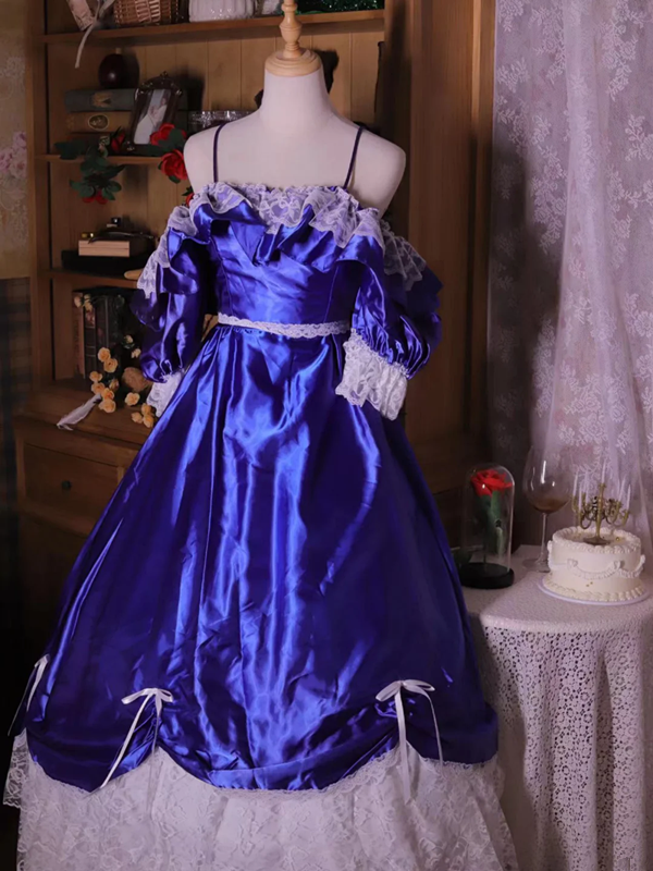 Blue square-neck floor-length ball gown with a cinched waist and slim fit; bridal gown R7294