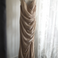 Champagne-colored halter-neck, fitted waist, and pleated sexy ball gown R6821