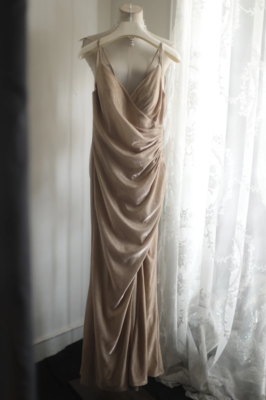 Champagne-colored halter-neck, fitted waist, and pleated sexy ball gown R6821